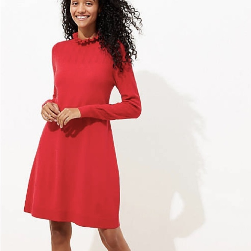 Loft Red Ruffle Mock Neck Sweater Dress / Tunic Small
